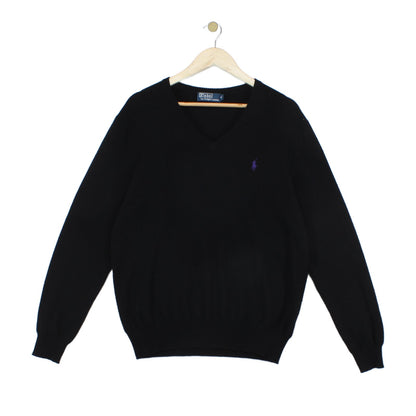Mens V-Neck Jumper Logo Embroidered Merino Wool