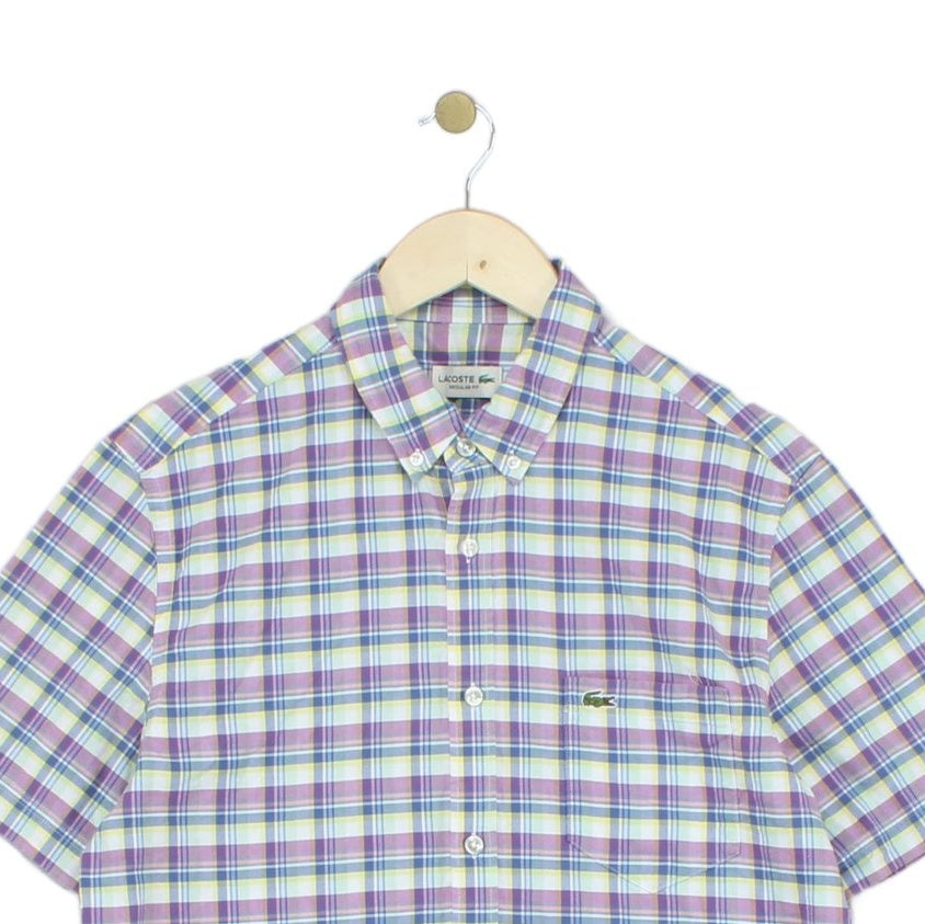 Mens Plaid Shirt Short Sleeve Casual Button Up