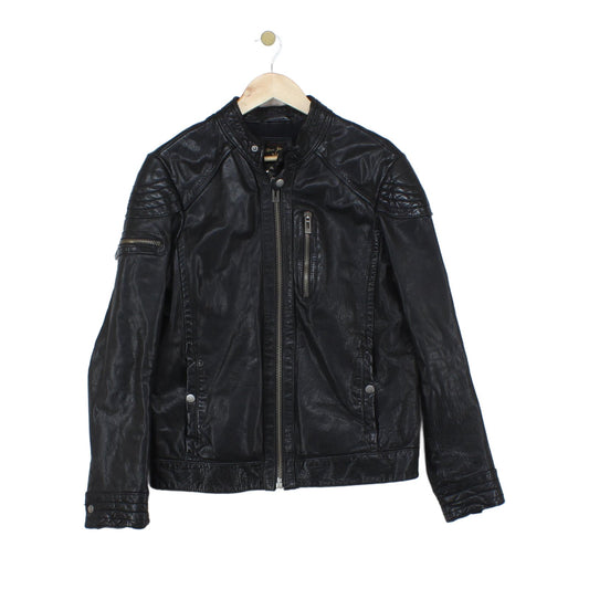 Mens Leather Jacket Full Zip Biker Slim
