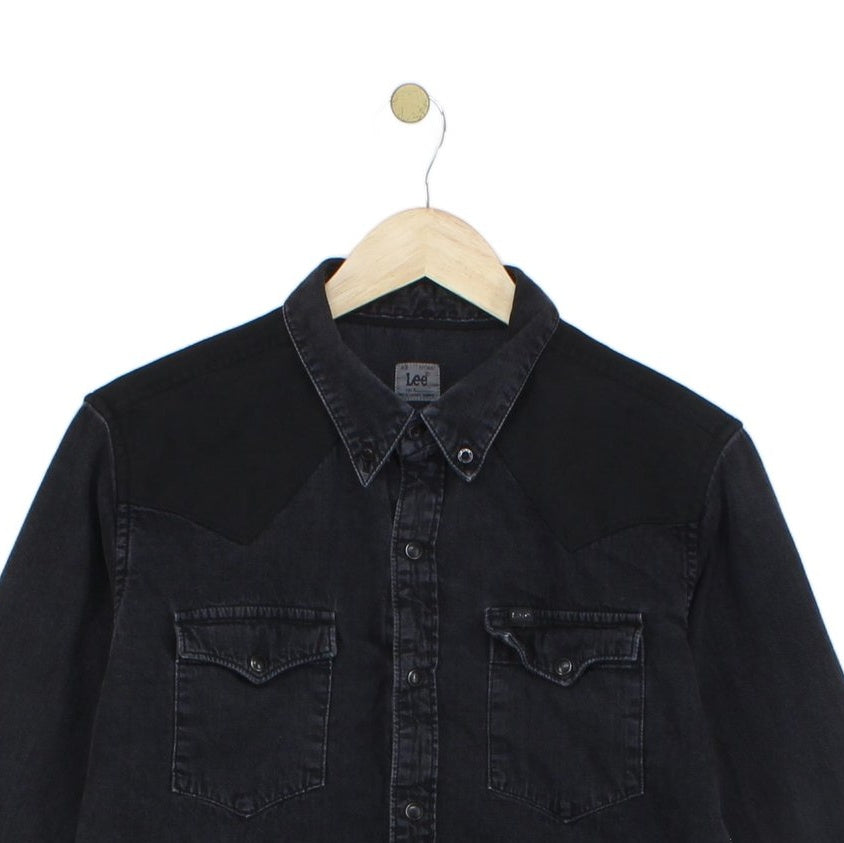 Mens Denim Shirt Slim Fit Long Sleeve Snap