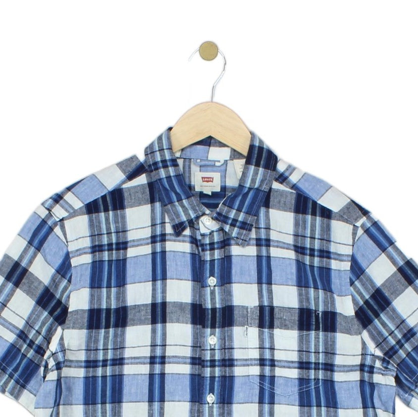 Mens Plaid Shirt Short Sleeve Button Up Cotton Linen