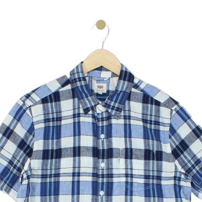Mens Plaid Shirt Short Sleeve Button Up Cotton Linen