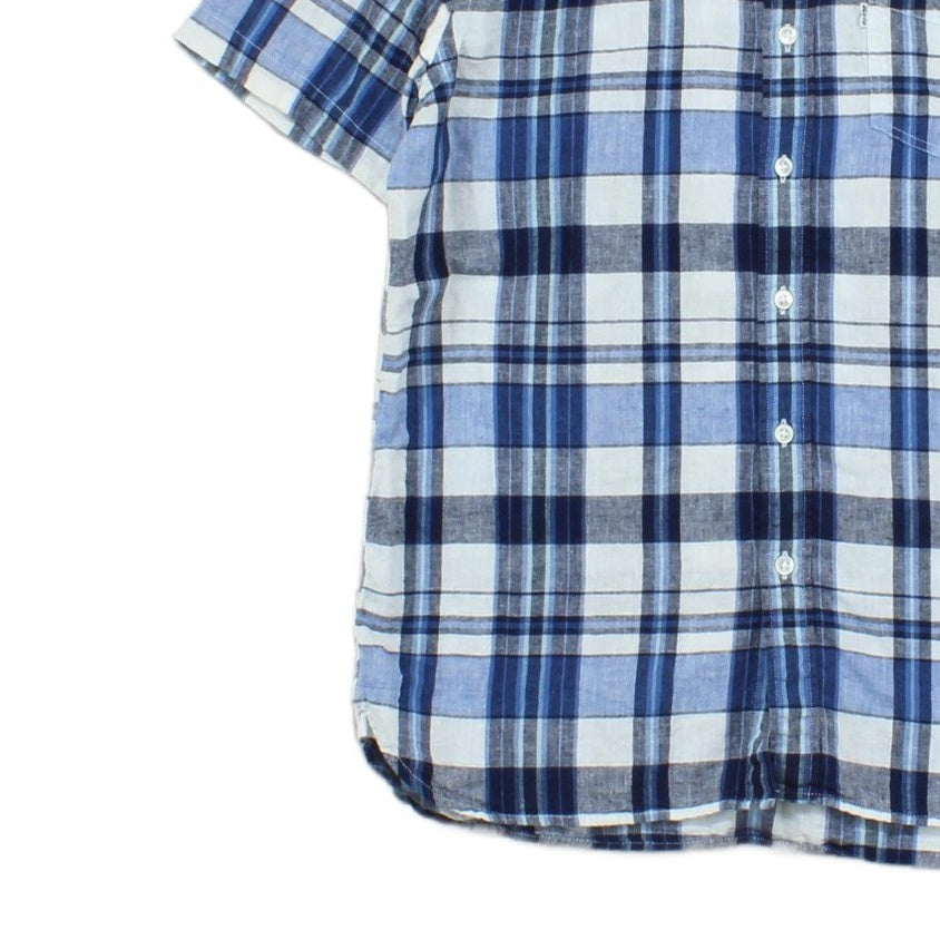 Mens Plaid Shirt Short Sleeve Button Up Cotton Linen