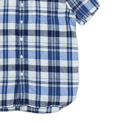 Mens Plaid Shirt Short Sleeve Button Up Cotton Linen