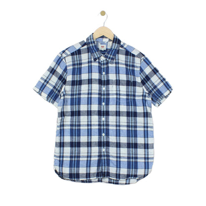 Mens Plaid Shirt Short Sleeve Button Up Cotton Linen