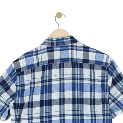 Mens Plaid Shirt Short Sleeve Button Up Cotton Linen