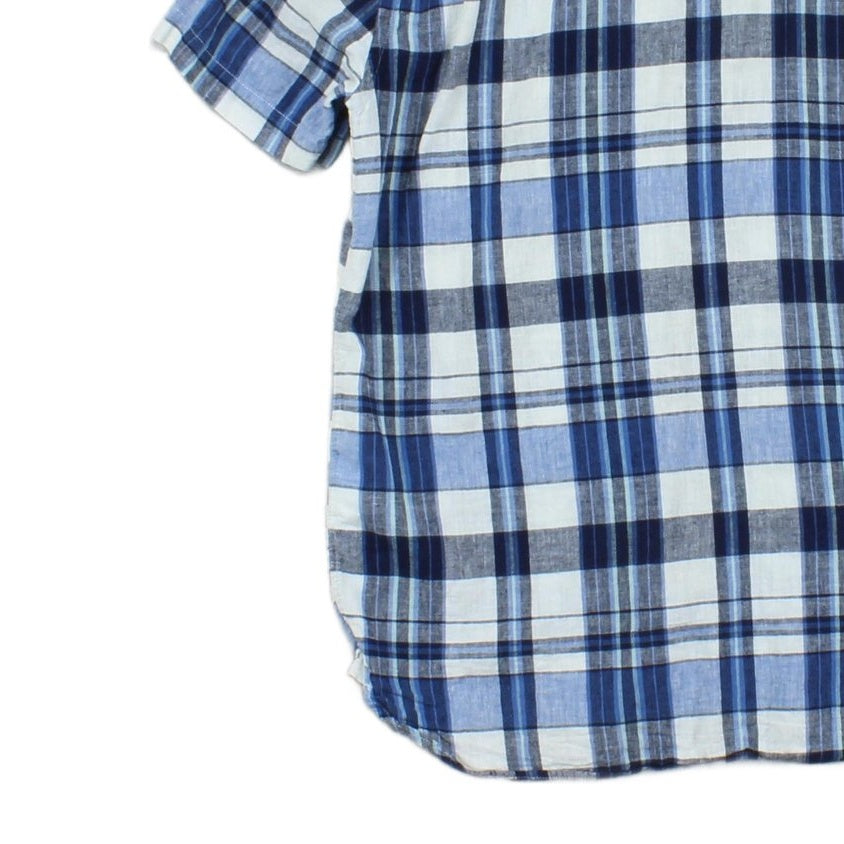 Mens Plaid Shirt Short Sleeve Button Up Cotton Linen