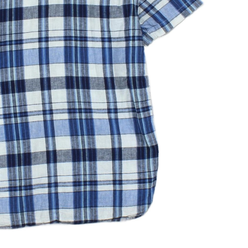 Mens Plaid Shirt Short Sleeve Button Up Cotton Linen