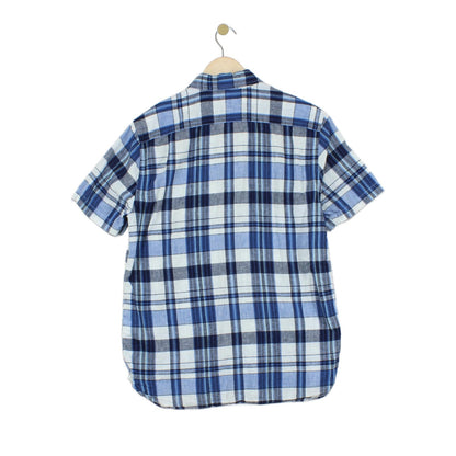Mens Plaid Shirt Short Sleeve Button Up Cotton Linen
