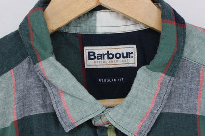 Mens Plaid Shirt Short Sleeve Cotton Linen