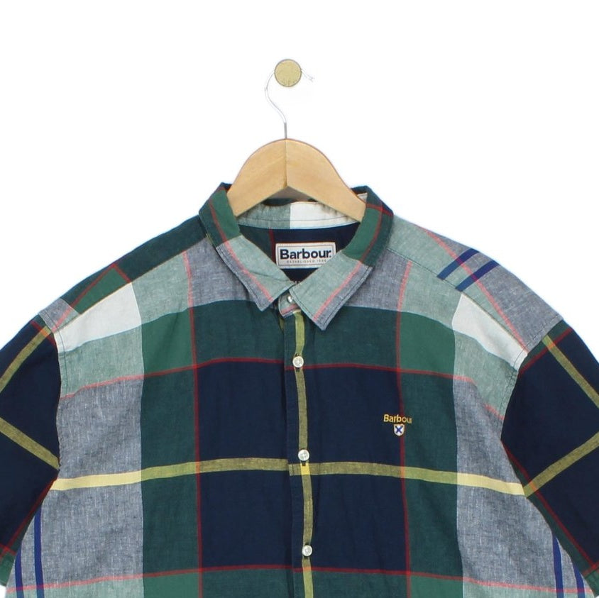 Mens Plaid Shirt Short Sleeve Cotton Linen