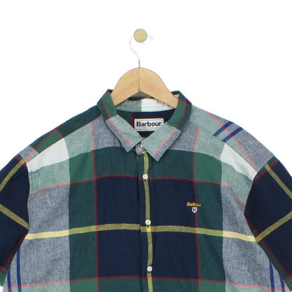 Mens Plaid Shirt Short Sleeve Cotton Linen