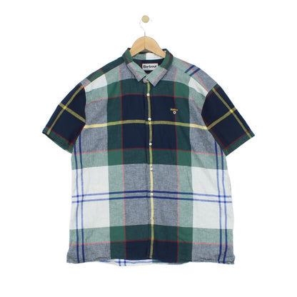 Mens Plaid Shirt Short Sleeve Cotton Linen