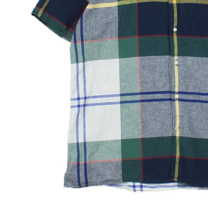Mens Plaid Shirt Short Sleeve Cotton Linen