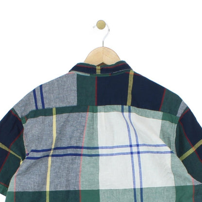 Mens Plaid Shirt Short Sleeve Cotton Linen