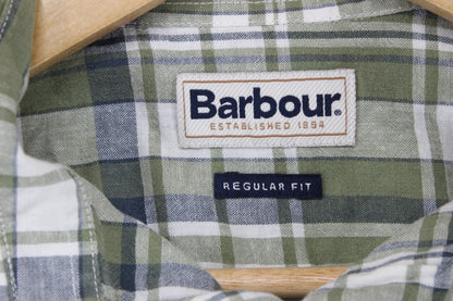 Mens Plaid Shirt Short Sleeve Check Cotton Linen