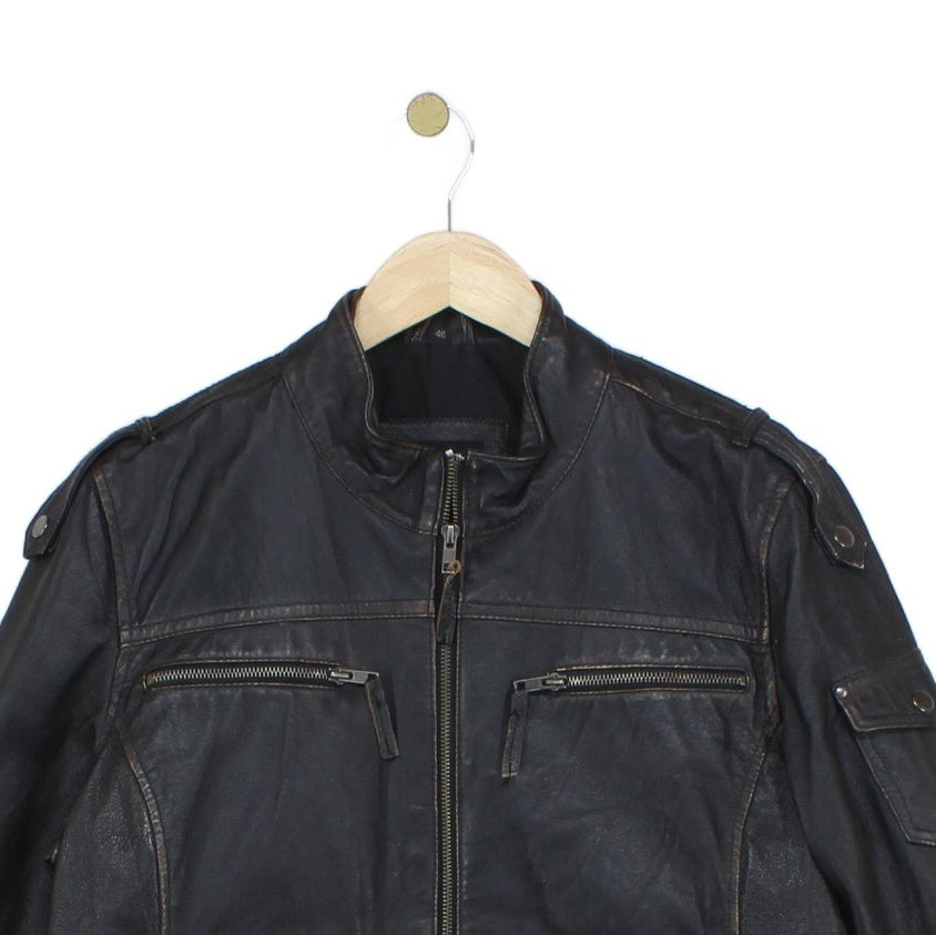 Mens Leather Jacket Biker Motorcycle Zipped