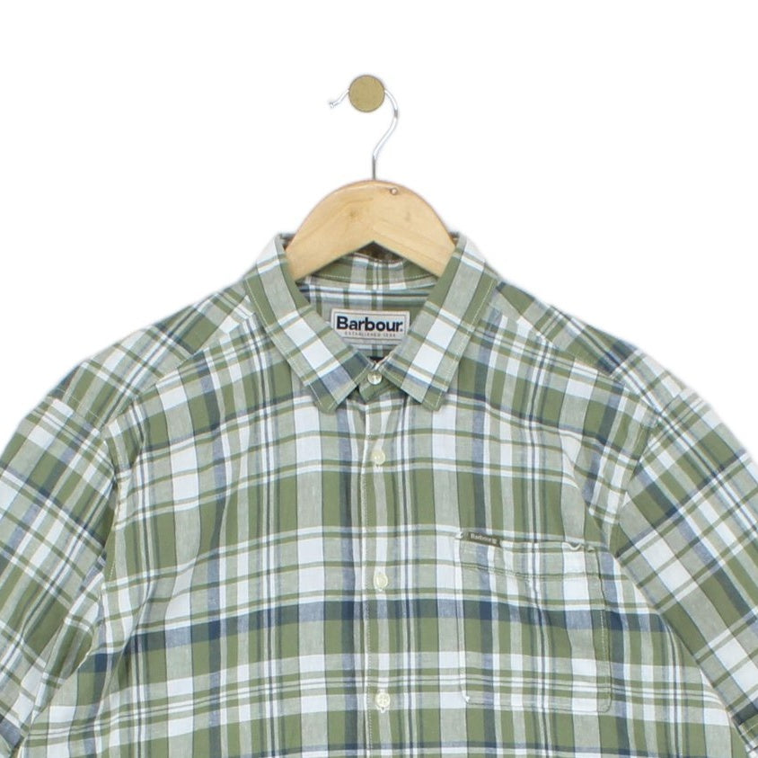 Mens Plaid Shirt Short Sleeve Check Cotton Linen