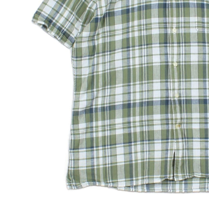 Mens Plaid Shirt Short Sleeve Check Cotton Linen