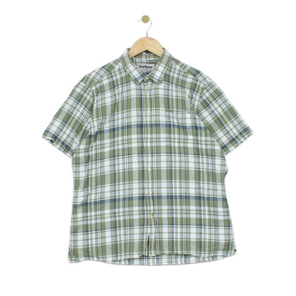 Mens Plaid Shirt Short Sleeve Check Cotton Linen