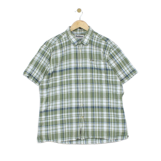 Mens Plaid Shirt Short Sleeve Check Cotton Linen