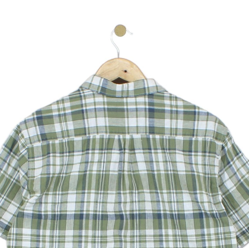 Mens Plaid Shirt Short Sleeve Check Cotton Linen