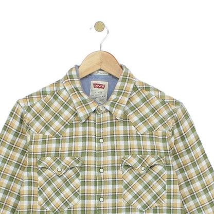 Mens Plaid Shirt Snap Slim Fit Long Sleeve Cotton