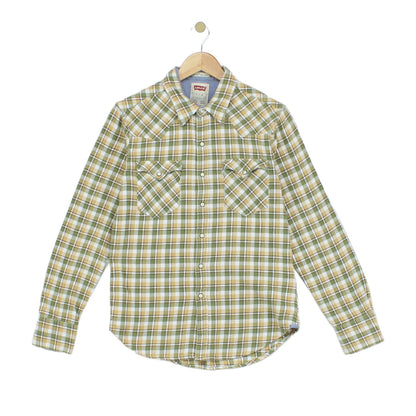 Mens Plaid Shirt Snap Slim Fit Long Sleeve Cotton