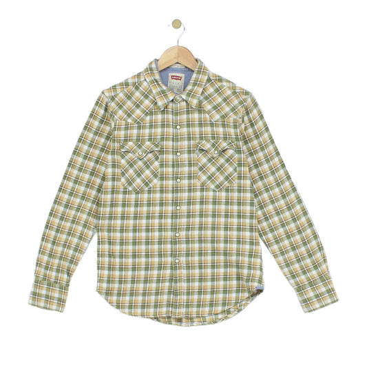 Mens Plaid Shirt Snap Slim Fit Long Sleeve Cotton