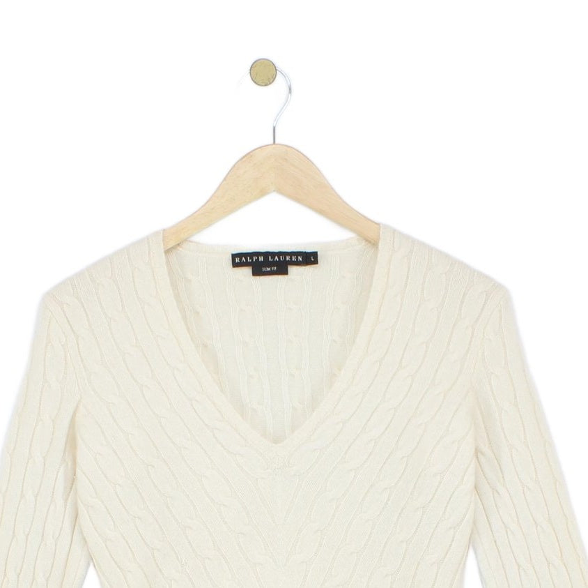 Womens Cashmere Cable Knit Jumper V Neck Slim Fit