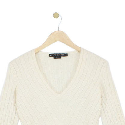 Womens Cashmere Cable Knit Jumper V Neck Slim Fit