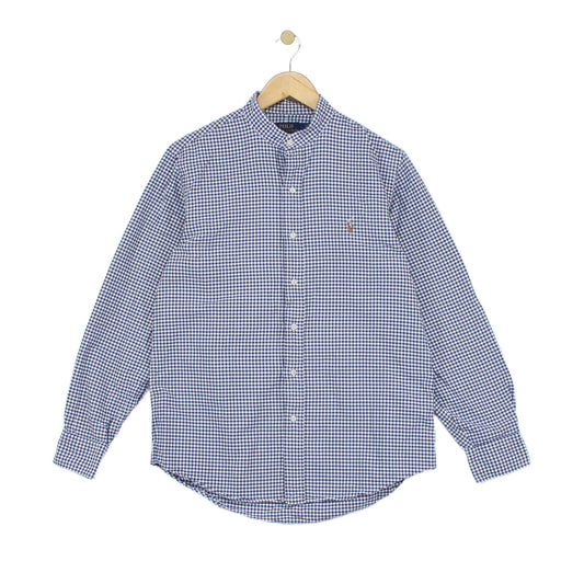 Mens Check Shirt Long Sleeve Classic Grandad Collar