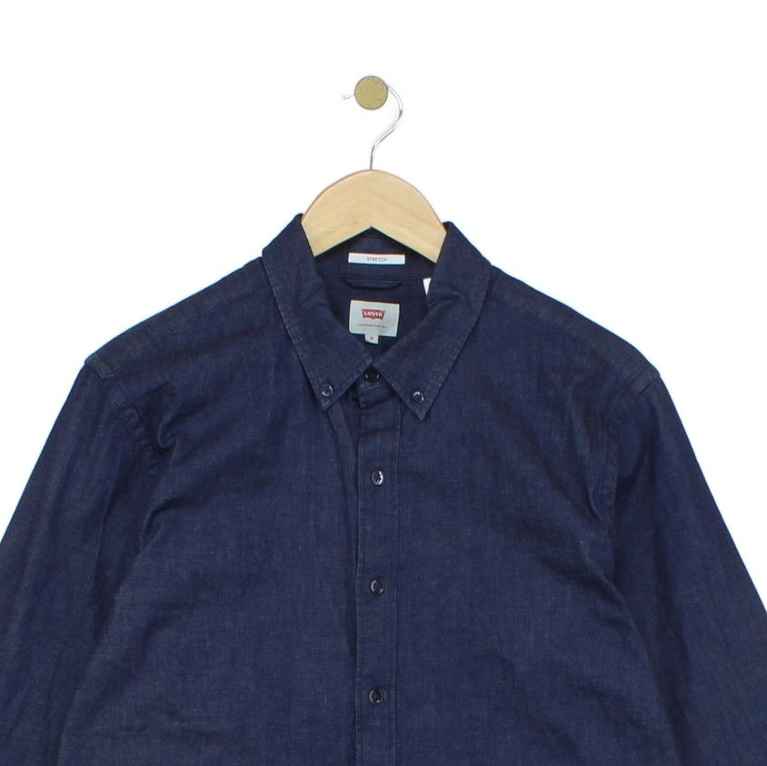 Mens Denim Shirt Stretch Button Up Long Sleeve
