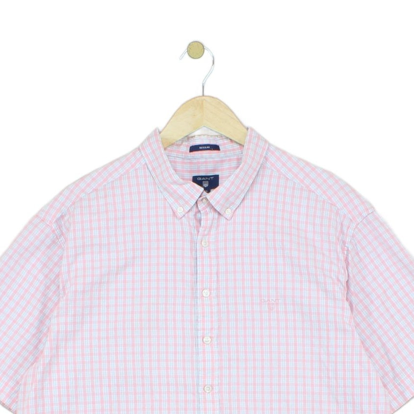 Mens Shirt Short Sleeve Check Button Up Collared