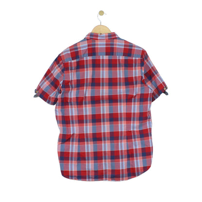 Mens Plaid Shirt Short Sleeve Button Up