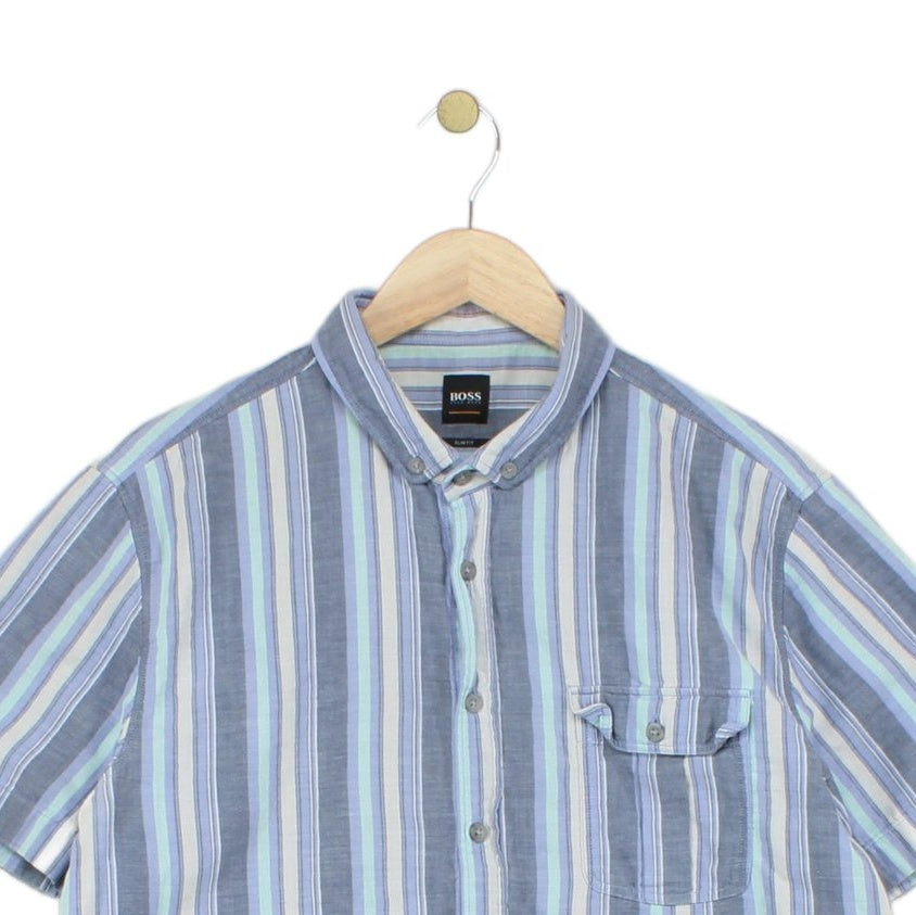 Mens Striped Shirt Slim Fit Short Sleeve