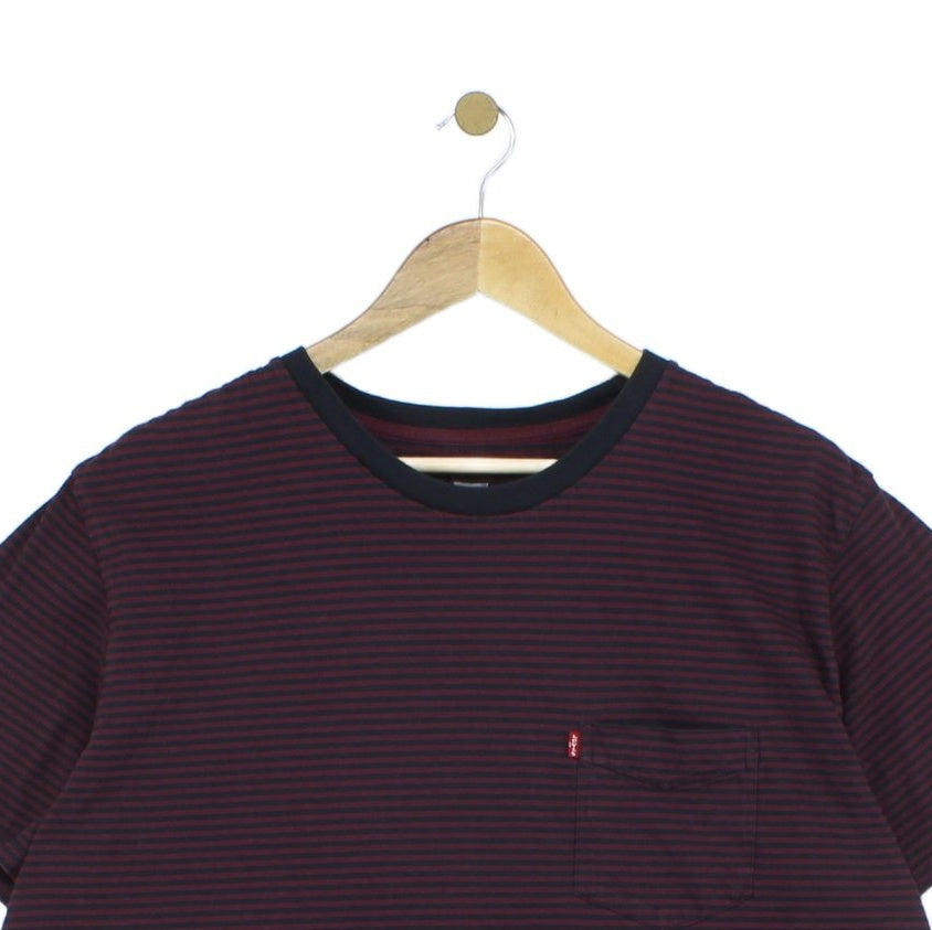 Mens Striped T-Shirt Pocket Crew Neck Short Sleeve