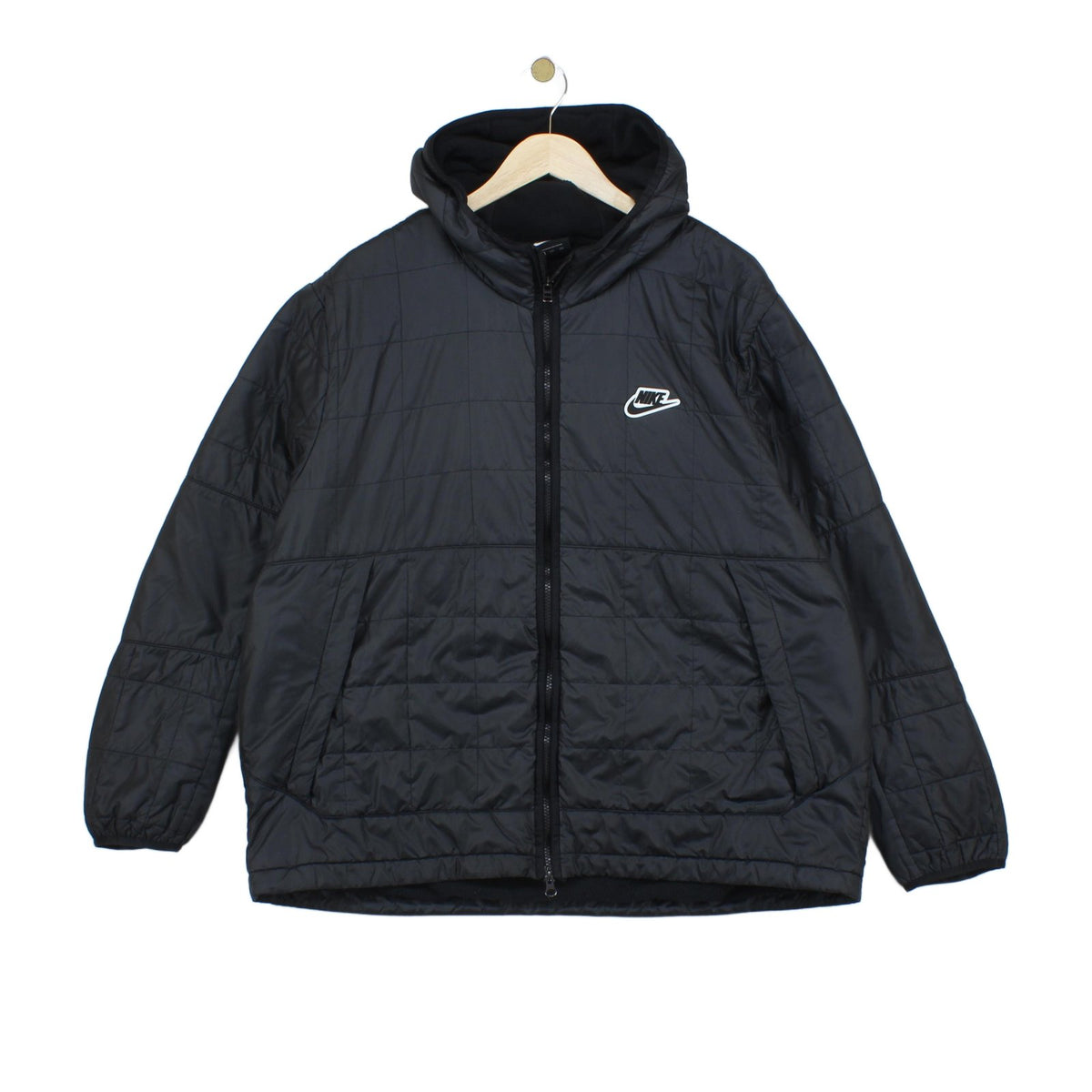 Mens Quilted Jacket Hooded Full Zip Logo Lined