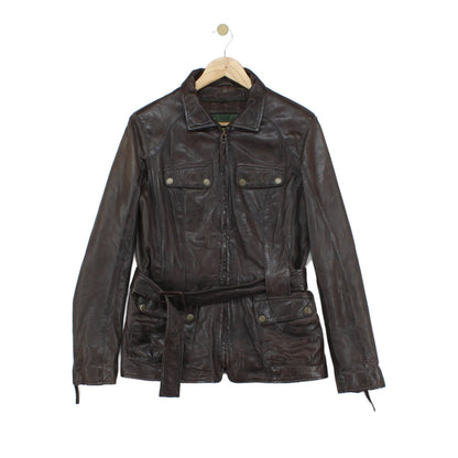 Womens Leather Jacket Full Zip Belted Outerwear