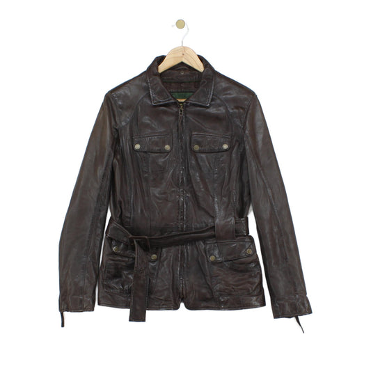 Womens Leather Jacket Full Zip Belted Outerwear
