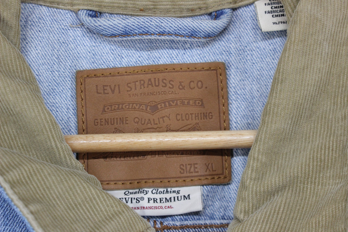 Mens Denim Jacket Corduroy Collar Button Cotton