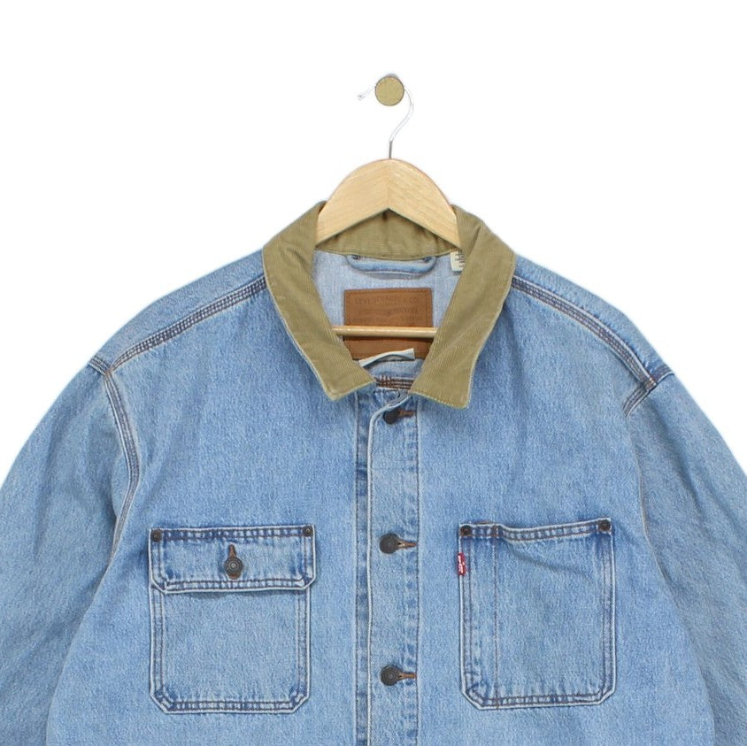 Mens Denim Jacket Corduroy Collar Button Cotton