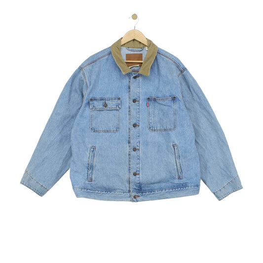 Mens Denim Jacket Corduroy Collar Button Cotton